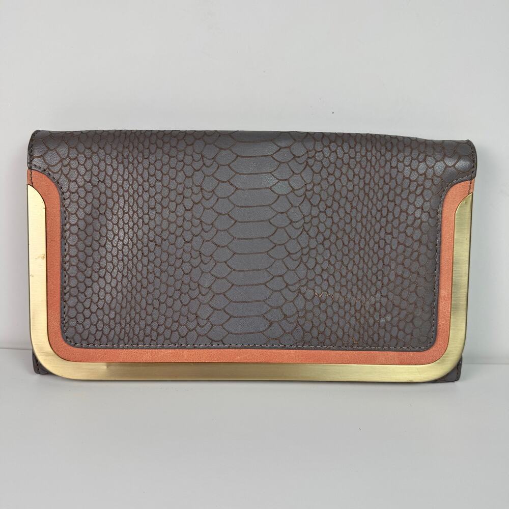 Botkier Leather Clutch Shoulder Bag Snakeskin Embossed Gray Gold Chain Luxe